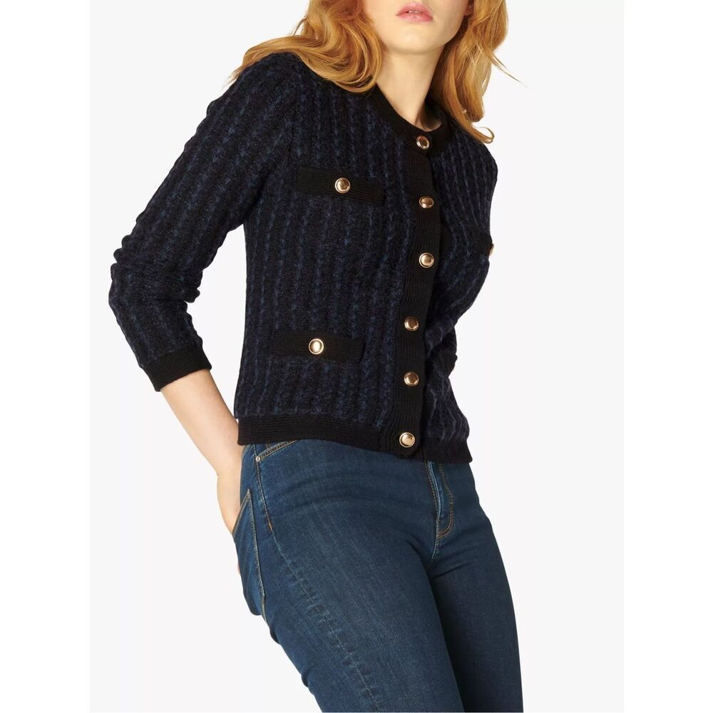 LK Bennett London Blondell Textured Knit Cardigan Jacket Black Navy Sweater S